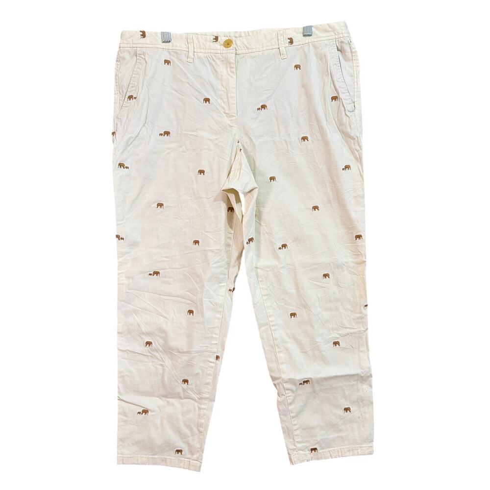 Talbots Womens Pants Cream Brown Elephant Print Petite Relaxed Chino Stretch 16P